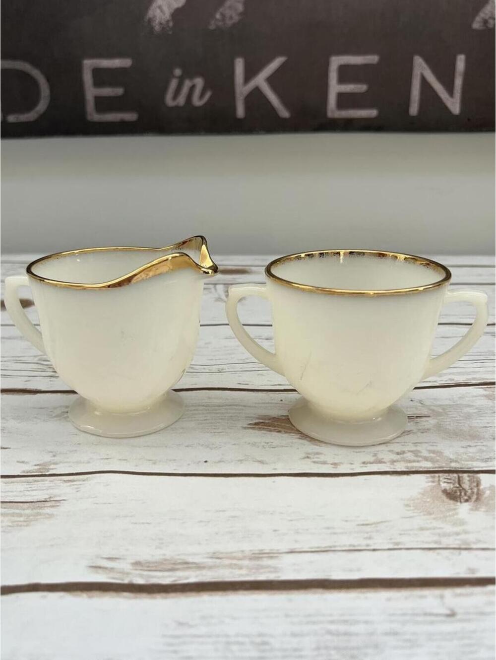 Vintage Fire King Cream and Gold Creamer and Sugar‎ Set